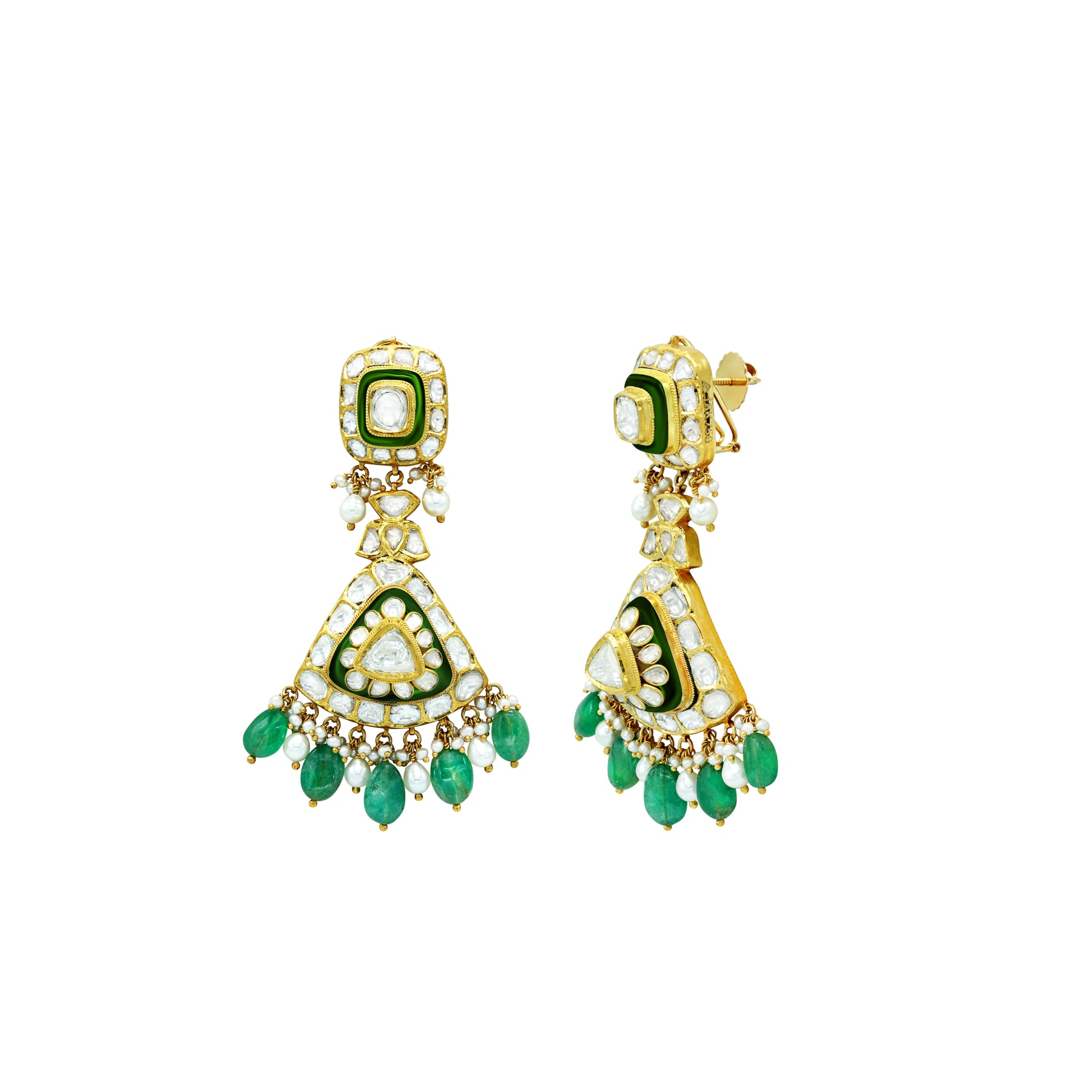 Polki Choker Set with Green Enamel and Emerald Drop Details